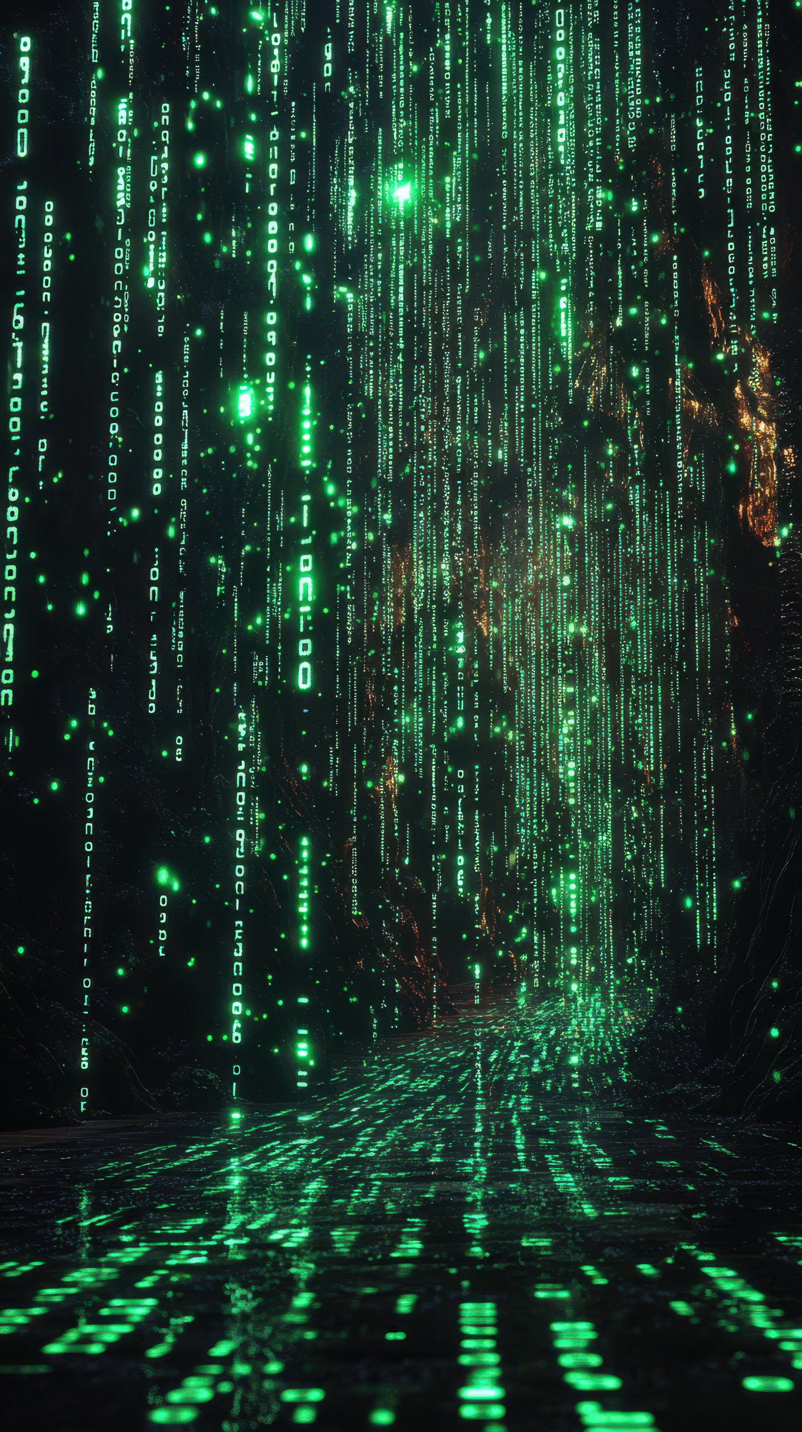Digital landscape filled with floating green binary code in a futuristic environment at night